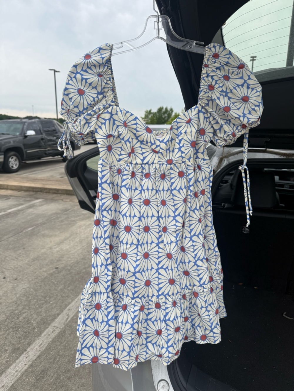 Olivaceous White & Blue Daisy Print Puff Sleeve Mini Dress